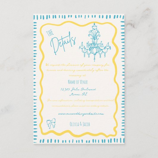 Whimsical Hand Getrokken Blauwe Bow Wavy Bruiloft Informatiekaartje (Voorkant)