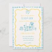 Whimsical Hand Getrokken Blauwe Bow Wavy Bruiloft Kaart (Voorkant)