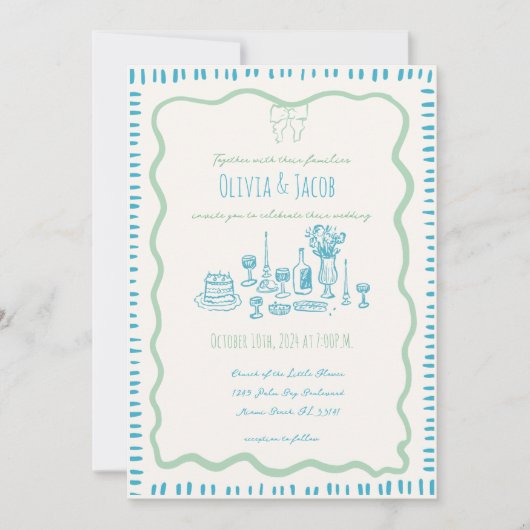 Whimsical Hand Getrokken Blauwe Bow Wavy Bruiloft Kaart (Voorkant)