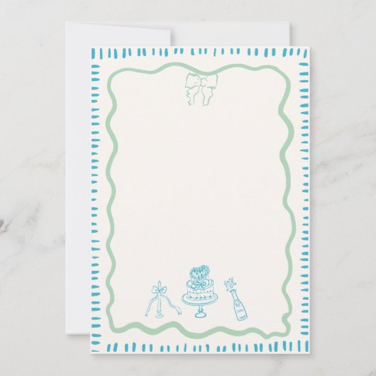 Whimsical Hand Getrokken Blauwe Bow Wavy Bruiloft Kaart (Achterkant)