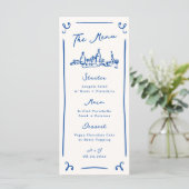 Whimsical Hand getrokken Blauwe Bruiloft Menu (Staand voorkant)