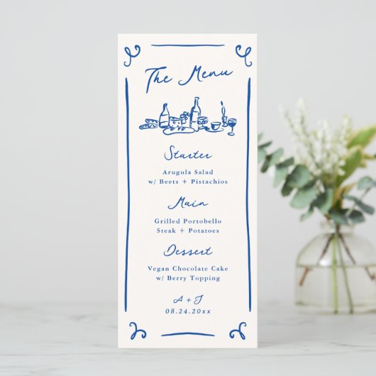 Whimsical Hand getrokken Blauwe Bruiloft Menu (Staand voorkant)