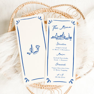 Whimsical Hand getrokken Blauwe Bruiloft Menu