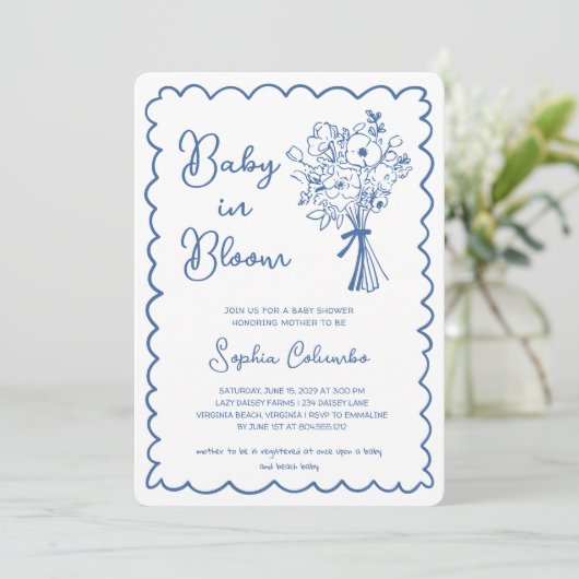 Whimsical Hand Getrokken Bloem Boeket Baby in Bloo Kaart (Staand voorkant)