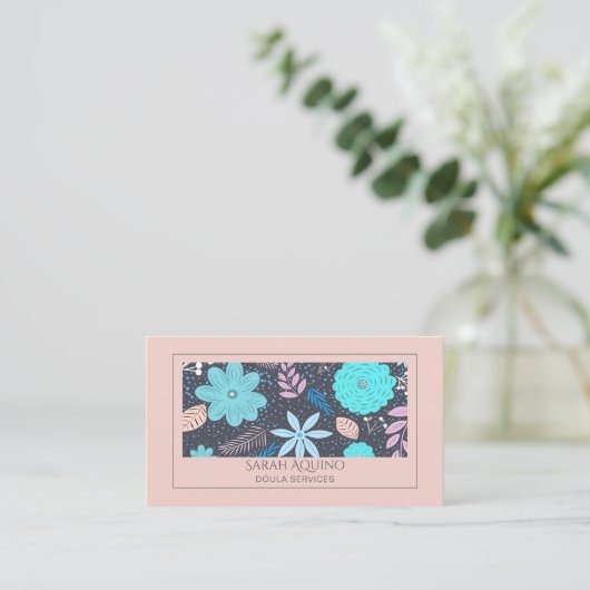 Whimsical Hand getrokken Bloemen Roze Turquoise Do Visitekaartje (Staand voorkant)