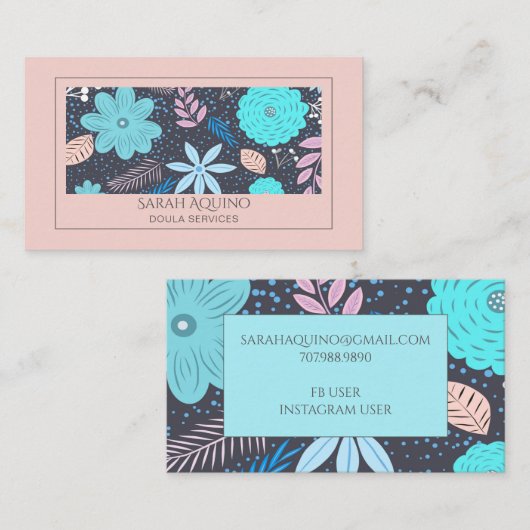 Whimsical Hand getrokken Bloemen Roze Turquoise Do Visitekaartje (Voorkant / Achterkant)