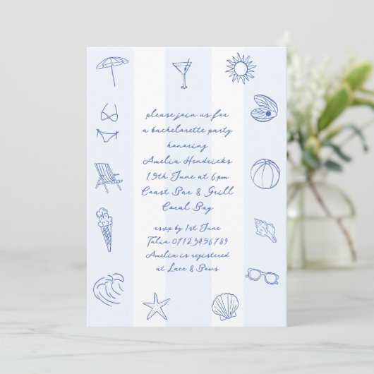 Whimsical Hand getrokken Blue Beach Bachelorette Kaart (Staand voorkant)