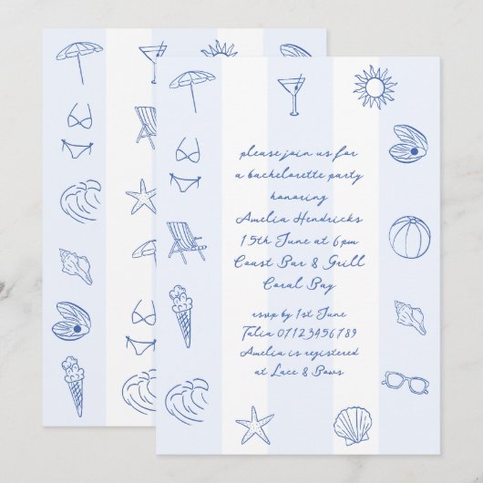 Whimsical Hand getrokken Blue Beach Bachelorette Kaart (Voorkant / Achterkant)