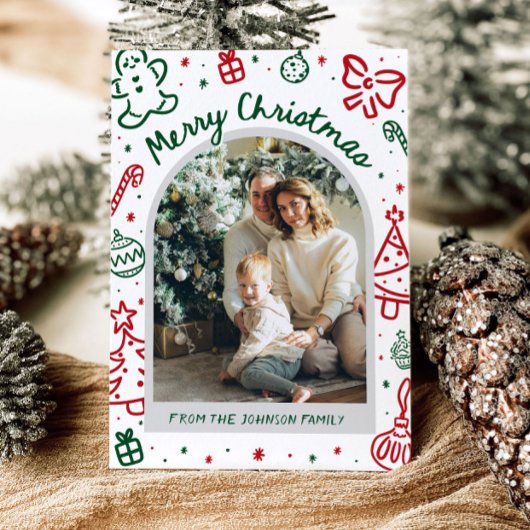 Whimsical Hand getrokken boog foto vrolijk kerstfe Feestdagenkaart