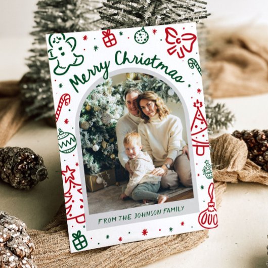Whimsical Hand getrokken boog foto vrolijk kerstfe Feestdagenkaart