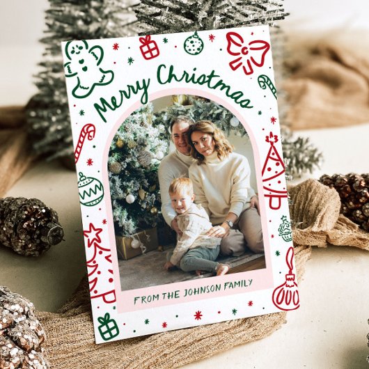 Whimsical Hand getrokken boog foto vrolijk kerstfe Feestdagenkaart