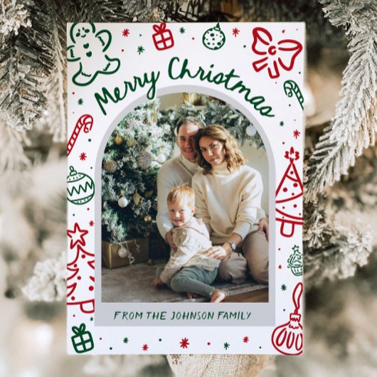 Whimsical Hand getrokken boog foto vrolijk kerstfe Feestdagenkaart