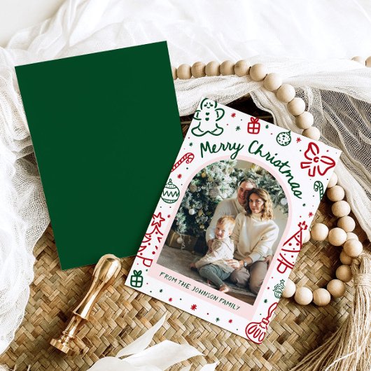 Whimsical Hand getrokken boog foto vrolijk kerstfe Feestdagenkaart