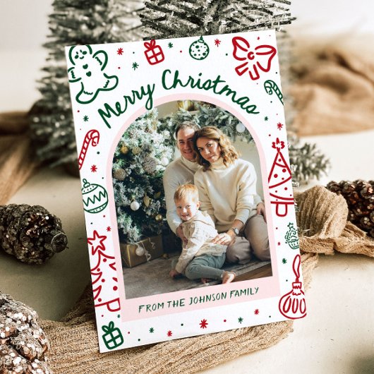 Whimsical Hand getrokken boog foto vrolijk kerstfe Feestdagenkaart