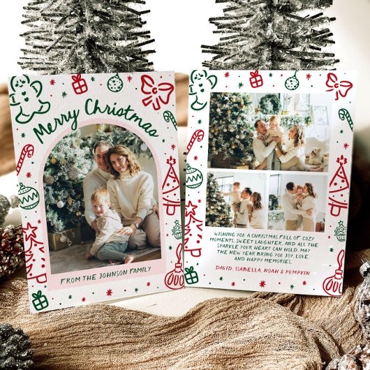 Whimsical Hand getrokken boog foto vrolijk kerstfe Feestdagenkaart