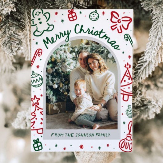 Whimsical Hand getrokken boog foto vrolijk kerstfe Feestdagenkaart