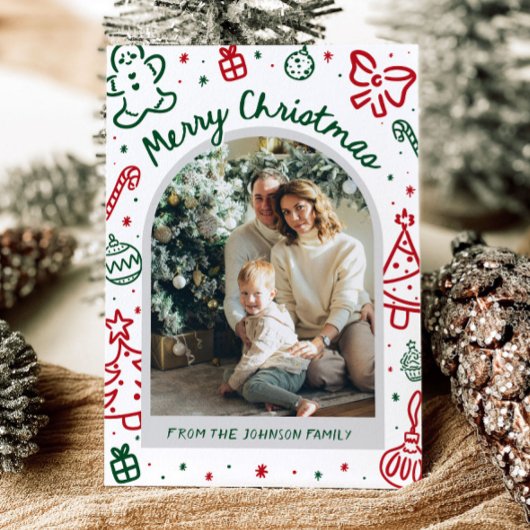 Whimsical Hand getrokken boog foto vrolijk kerstfe Feestdagenkaart