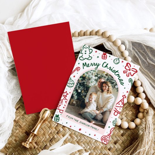 Whimsical Hand getrokken boog foto vrolijk kerstfe Feestdagenkaart