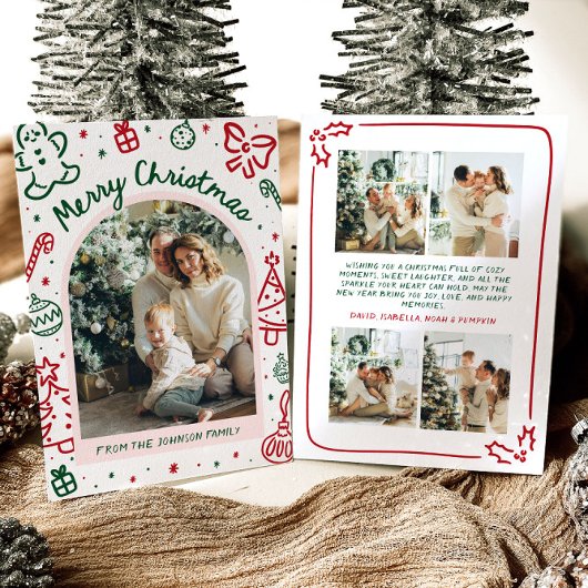 Whimsical Hand getrokken boog foto vrolijk kerstfe Feestdagenkaart