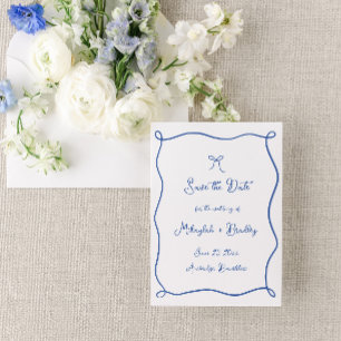 Whimsical Hand getrokken boog Frans Blauw bruiloft Save The Date