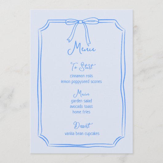 Whimsical Hand getrokken boog Girly Coquette blauw Menu (Voorkant)