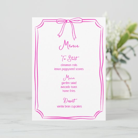 Whimsical Hand getrokken boog meisjescoquette roze Menu (Staand voorkant)