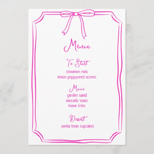 Whimsical Hand getrokken boog meisjescoquette roze Menu (Voorkant)