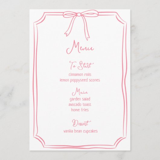 Whimsical Hand getrokken boog meisjescoquette roze Menu (Voorkant)