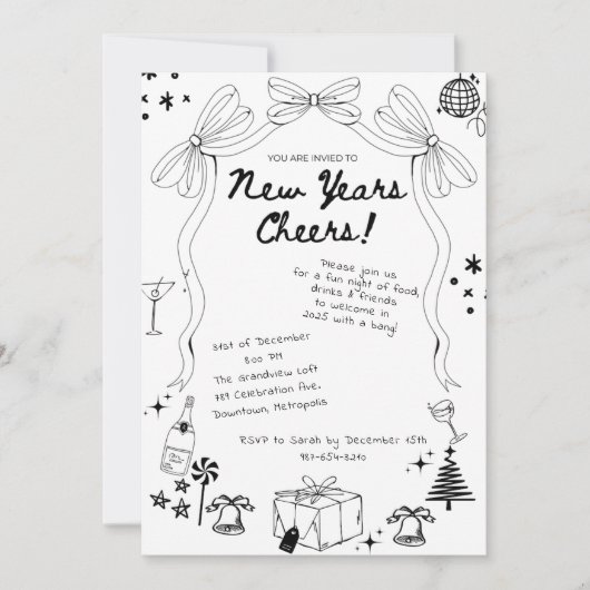 Whimsical Hand getrokken boog New Years Eve Party Kaart (Voorkant)