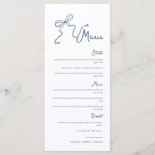 Whimsical Hand getrokken Bow  Blauw Bruiloft Menu (Voorkant)