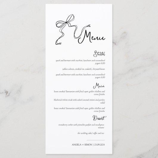 Whimsical Hand getrokken Bow Bruiloft Menu (Voorkant)