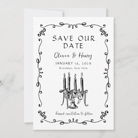 Whimsical Hand Getrokken Bow Candelabra Save the D Kaart (Voorkant)