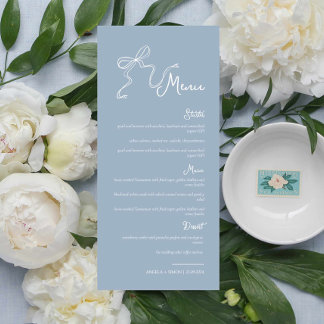 Whimsical Hand getrokken Bow Dusty Blue Bruiloft M Menu