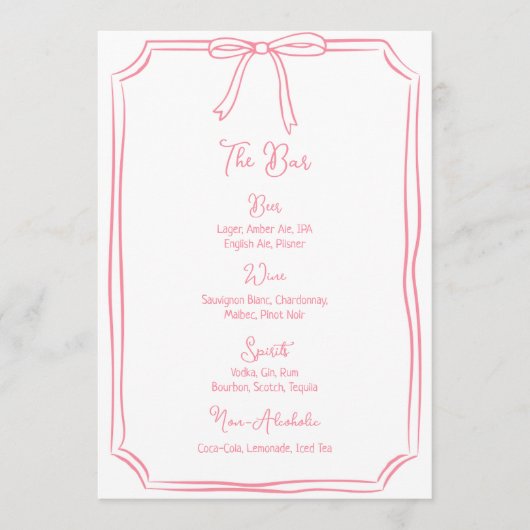 Whimsical Hand getrokken Bow Girly Coquette Roze B Menu (Voorkant)