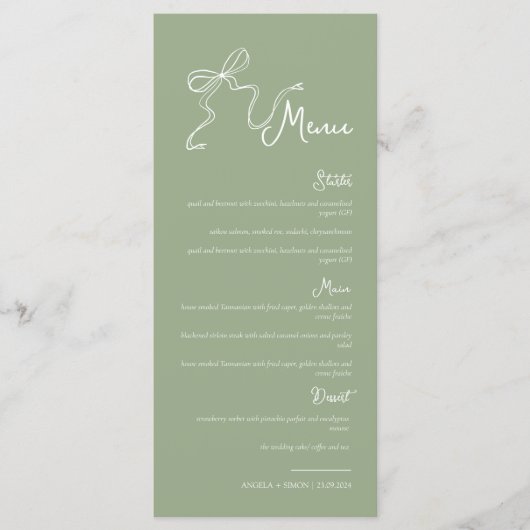 Whimsical Hand getrokken Bow Sage Groene Bruiloft  Menu (Voorkant)