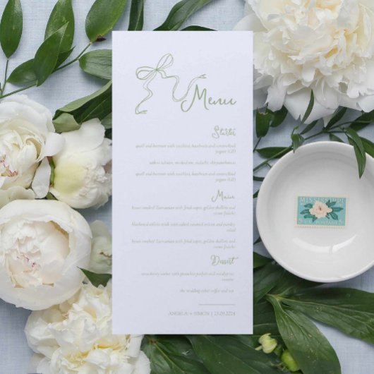 Whimsical Hand getrokken Bow Sage Groene Bruiloft  Menu