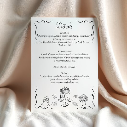 Whimsical Hand Getrokken bruiloft details Informatiekaartje