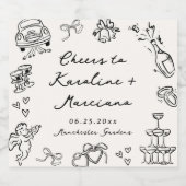 Whimsical Hand getrokken bruiloft Doodles Sparkling Wijnetiket (Enkel label)