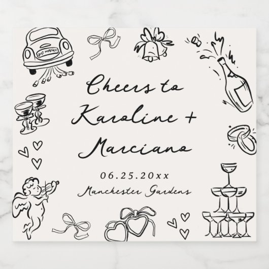 Whimsical Hand getrokken bruiloft Doodles Sparkling Wijnetiket (Enkel label)