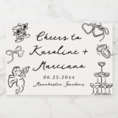 Whimsical Hand getrokken bruiloft Doodles Sparkling Wijnetiket (Enkel label)