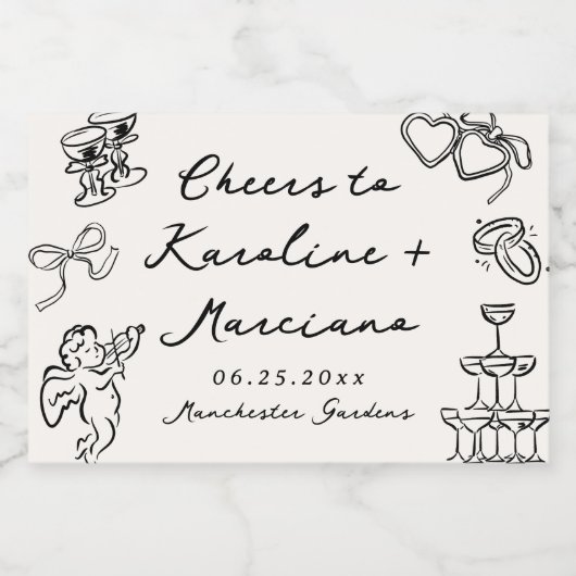 Whimsical Hand getrokken bruiloft Doodles Sparkling Wijnetiket (Enkel label)