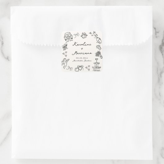 Whimsical Hand getrokken bruiloft Doodles Vierkante Sticker (Tas)