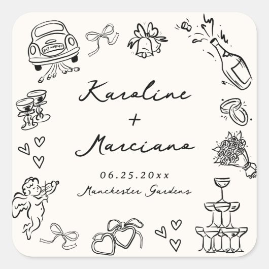Whimsical Hand getrokken bruiloft Doodles Vierkante Sticker (Voorkant)