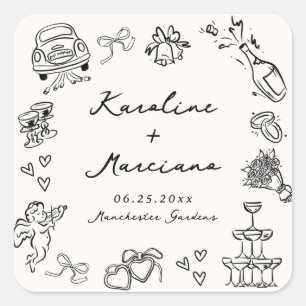 Whimsical Hand getrokken bruiloft Doodles Vierkante Sticker