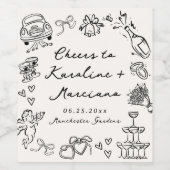 Whimsical Hand getrokken bruiloft Doodles Wijn Etiket (Enkel label)