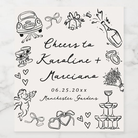 Whimsical Hand getrokken bruiloft Doodles Wijn Etiket (Enkel label)