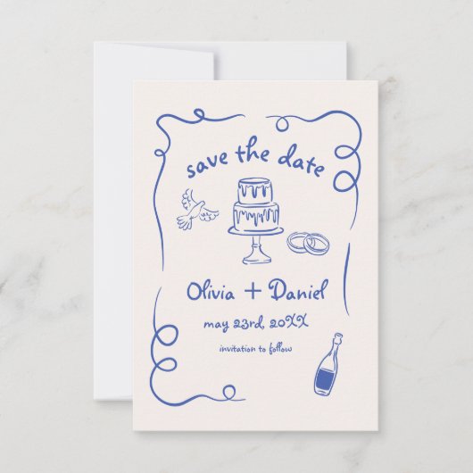 Whimsical Hand getrokken bruiloft Franse marine bl Save The Date (Voorkant)