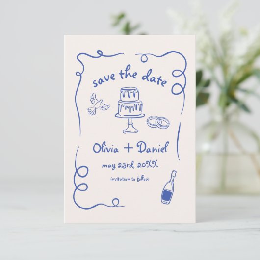 Whimsical Hand getrokken bruiloft Franse marine bl Save The Date (Staand voorkant)