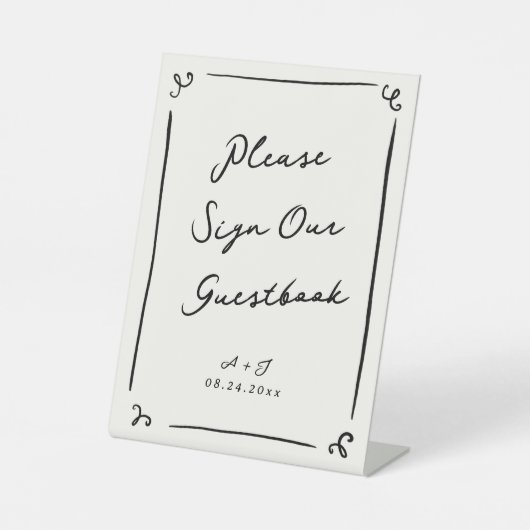Whimsical Hand getrokken bruiloft gastenboek teken Reclamebord Met Voetstuk (Voorkant)