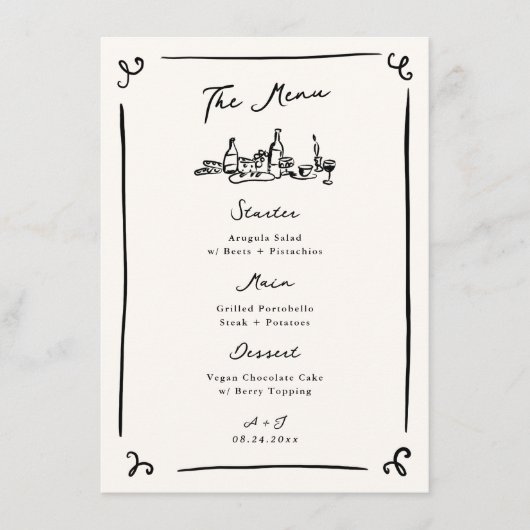 Whimsical Hand getrokken bruiloft menu (Voorkant)